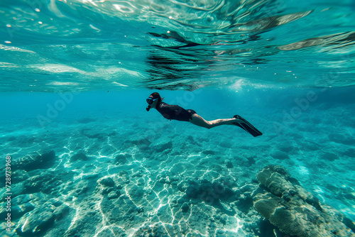 A boy and a person snorkeling in a transparent ocean seeing fishes and coral