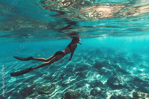 A boy and a person snorkeling in a transparent ocean seeing fishes and coral