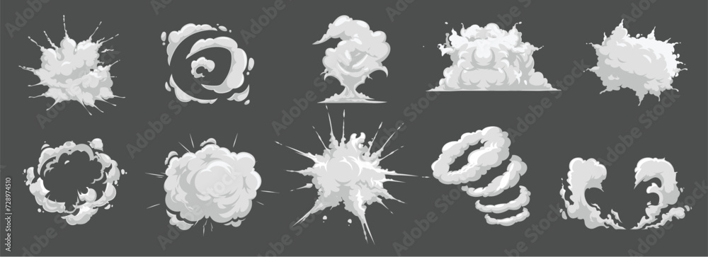 Burst or explosion cartoon vector effects. Bomb or explosive detonation, rocket launch smoke trace and dust cloud. Comic boom, bang or hit, attack blast, dynamite blaze and vapor puff icon set - obrazy, fototapety, plakaty 