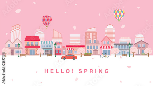 桜の咲く春の街並み（フルHD 16:9サイズ）