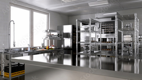 Empty clean stainless steel counter table in commercial, professional bakery kitchen with convection, deck oven, refrigerator, sink in sunlight from window for industrial restaurant background 3D