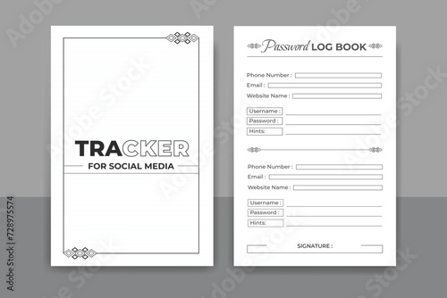 Password tracker daily planner log book design or KDP interior black and white note book and website security information journal diary template
