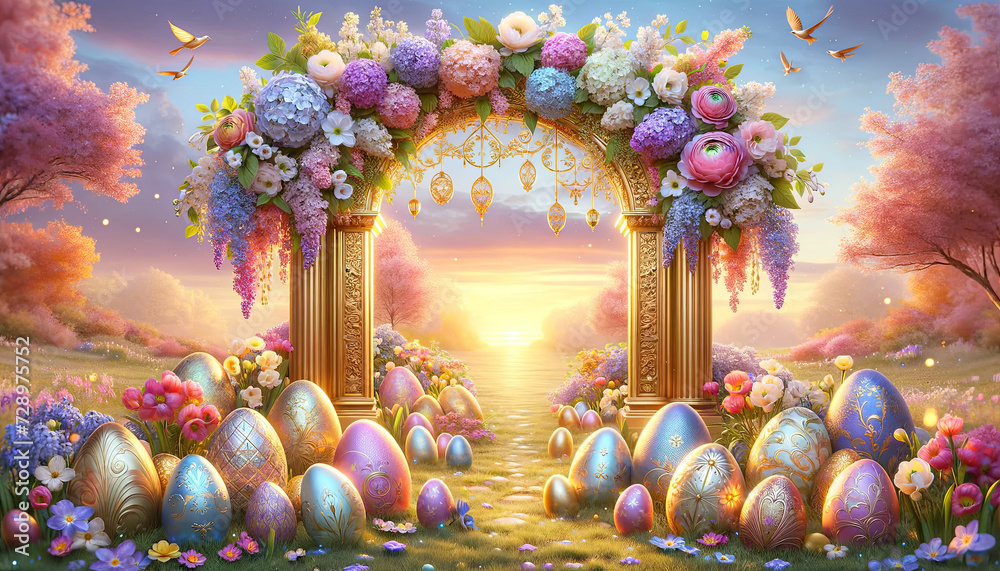 Easter landscape with colorful Easter eggs and arch in flowers on meadow , Easter card