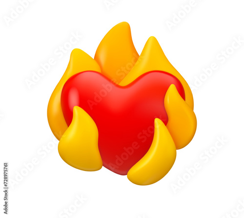 Red heart on fire vector 3d icon. Cartoon emoji isolated on white background. Love or passion emoticon concept. Glossy realistic render design element