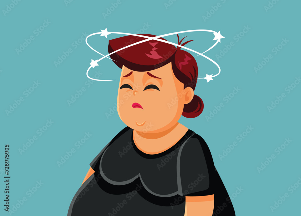 Overweight Person Feeling Dizzy with Blood Pressure Problems Vector Illustration. Unhappy lady feeling nauseated about to faint 

