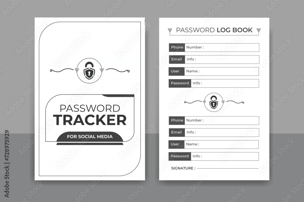 
Password tracker daily planner log book design or KDP interior black and white note book and website security information journal diary template