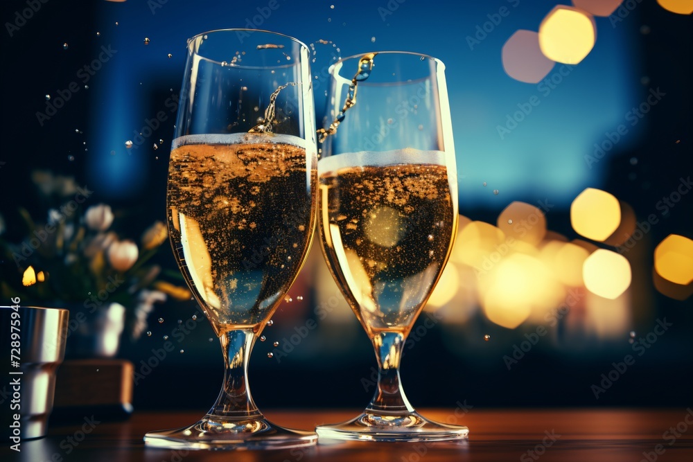 Two wine glasses with a landscape view in the backdrop