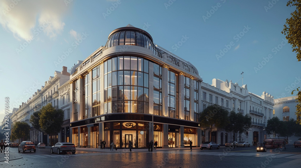 a modern department store exterior that blends traditional materials with contemporary design, set in a historic city center.