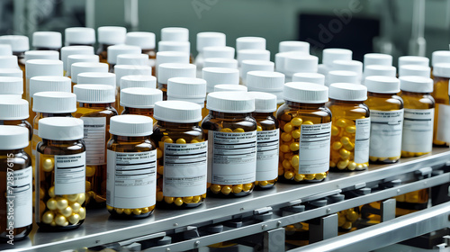 Bottle of various dietary supplements for health and beauty on production line in factory photo