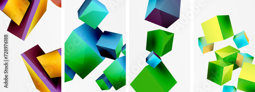 Flying 3d shapes, cubes and other geometric elements background design for wallpaper, business card, cover, poster, banner, brochure, header, website