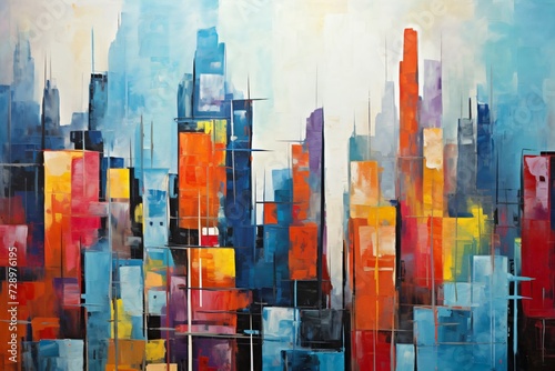 A colorful watercolor acrylic painting of a cityscape