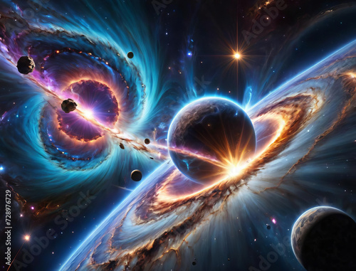 Interstellar Collision - Mesmerizing cosmic scenery with celestial bodies, dark matter, and gamma ray burst Gen AI