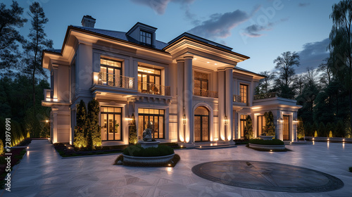 A luxurious detached house with a grand entrance and a circular driveway, illuminated by elegant outdoor lighting at dusk