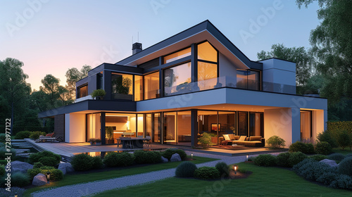 A modern detached house at sunset, with warm lighting highlighting its sleek architecture and landscaped garden photo