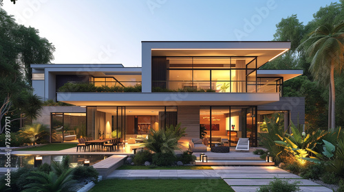A modern detached house at sunset, with warm lighting highlighting its sleek architecture and landscaped garden photo