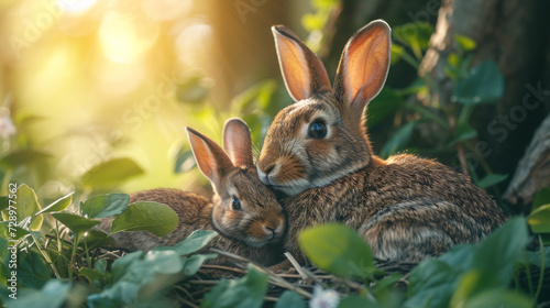 A mother rabbit nursing her babies in a hidden nest under a bush, with soft sunlight filtering through the leaves © IBRAHEEM'S AI