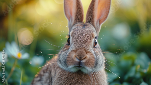 A close-up of a rabbit s face  highlighting its whiskers and big eyes  with morning dew in the background