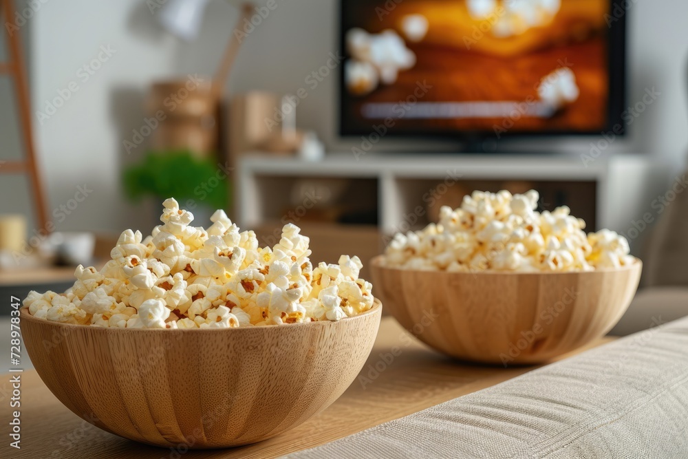 Two wooden bowls with fresh popcorn, on the background of a home interior with a TV.