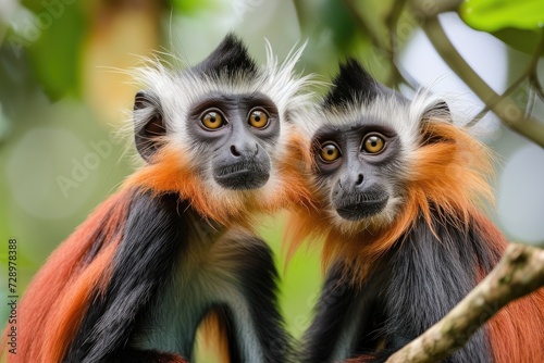 Two red colobuses (Procolobus badius kirkii) sitting.