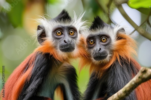 Two red colobuses (Procolobus badius kirkii) sitting. © kardaska