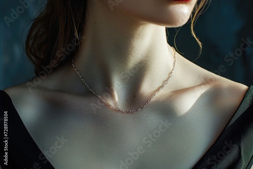Woman wearing delicate chain necklace. Beauty concept.