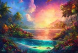 Beautiful drawn seascape with shores covered with vegetation, sunrise and beautiful yellow and pink clouds in the background  
