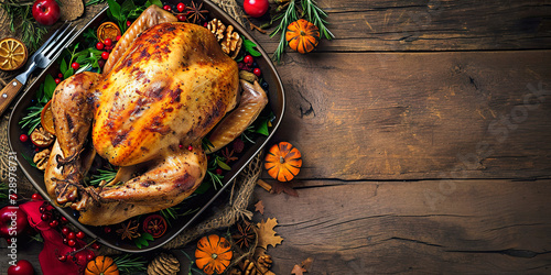 Top view Thanksgiving turkey on rustic wooden table photo