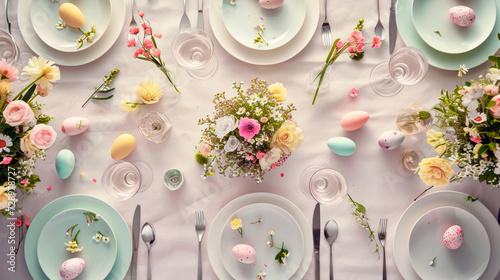 Minimal festive Easter table arrangement with pastel colored eggs and floral centerpiece for spring celebration photo