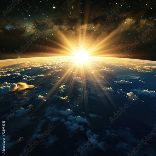 Earth with sparkling sunlight under an exotic outer space atmosphere on a black background, great for backgrounds, business, blogs, websites etc. generative Ai
