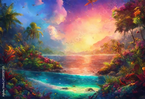 Beautiful drawn seascape with shores covered with vegetation  sunrise and beautiful yellow and pink clouds in the background  