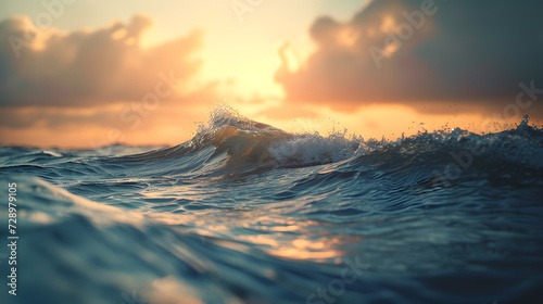 Beautiful sunset in the sea with splashes of water. Copy space.