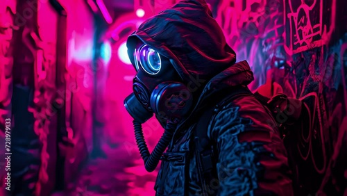 A mysterious figure adorned with a neon gas mask and surrounded by graffiti tags creating a sense of both danger and art. photo