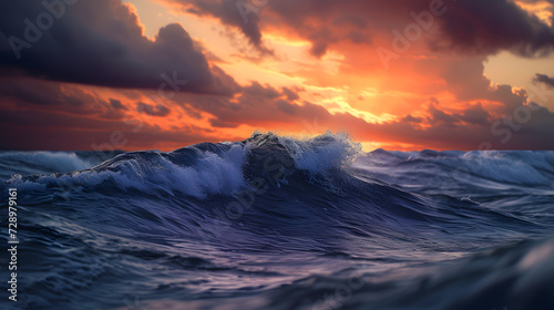 Beautiful seascape. Blue ocean wave at sunset.
