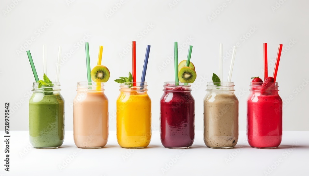 Row of healthy fresh fruit and vegetable smoothies with assorted ingredients served in glass bottles with straws on white background. Generative AI. Row of healthy fresh fruit and vegetable smoothies with assorted ingredients served in glass bottles with straws on white background. Generative AI.