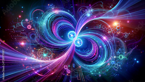 Quantum entanglement in Pop Futurism style: Vibrant orbs connected by ethereal ribbon.