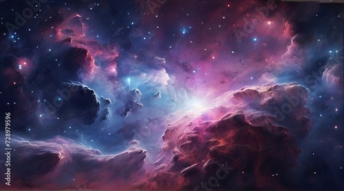 Abstract cosmic background featuring a blue-purple nebula and stars.