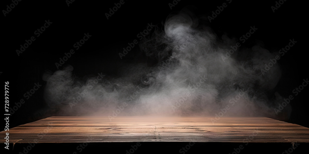 empty wooden table with smoke on the dark background. Perfect for adding eerie atmosphere to Halloween, horror, or mysterythemed projects. empty wooden table with smoke on the dark background. Perfect for adding eerie atmosphere to Halloween, horror, or mysterythemed projects.
