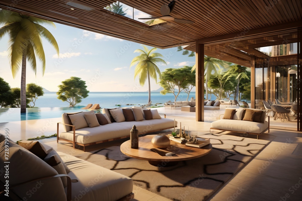 Beach-view from the living room of a beautiful and luxurious resort or villa