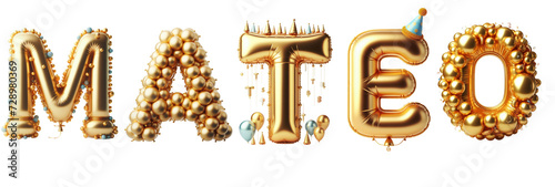 Mateo Letters - Golden Balloon, 3D - Isolated on Transparent or White Background PNG - Best for Birthday Illustration Design photo