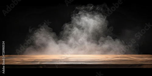 empty wooden table with smoke on the dark background. Perfect for adding eerie atmosphere to Halloween, horror, or mysterythemed projects.