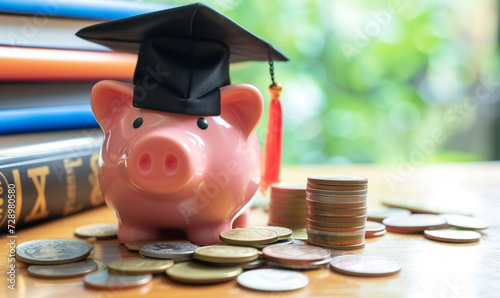 piggy bank wearing graduation cap, coin and book on a table. graduation suit hat. students loan issue.