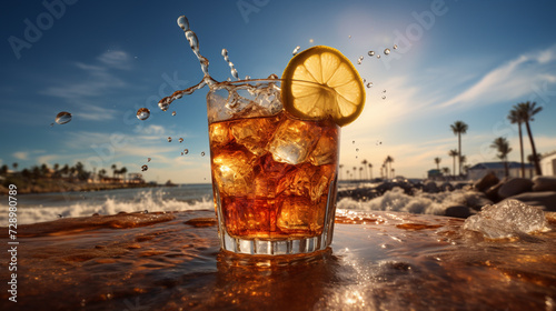 Golden iced tea, kissed by citrus, glistening with condensation on the glass. A refreshing sip of summer, cool and satisfying under the sun's warmth.