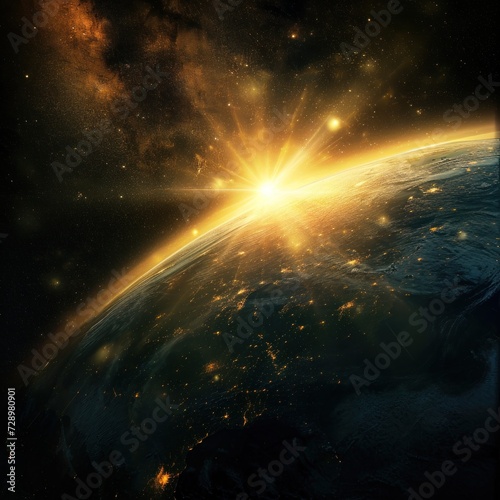Earth with sparkling sunlight under an exotic outer space atmosphere on a black background, great for backgrounds, business, blogs, websites etc. generative Ai