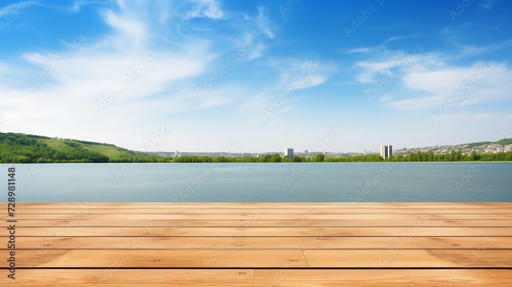 Fototapeta premium The empty wooden table top with a blurred background of the Danube river