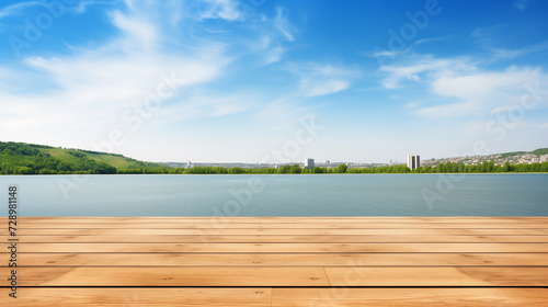 The empty wooden table top with a blurred background of the Danube river © Andrej