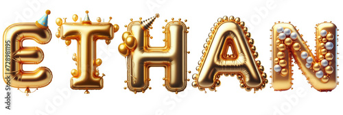 Ethan Letters - Golden Balloon, 3D - Isolated on Transparent or White Background PNG - Best for Birthday Illustration Design photo
