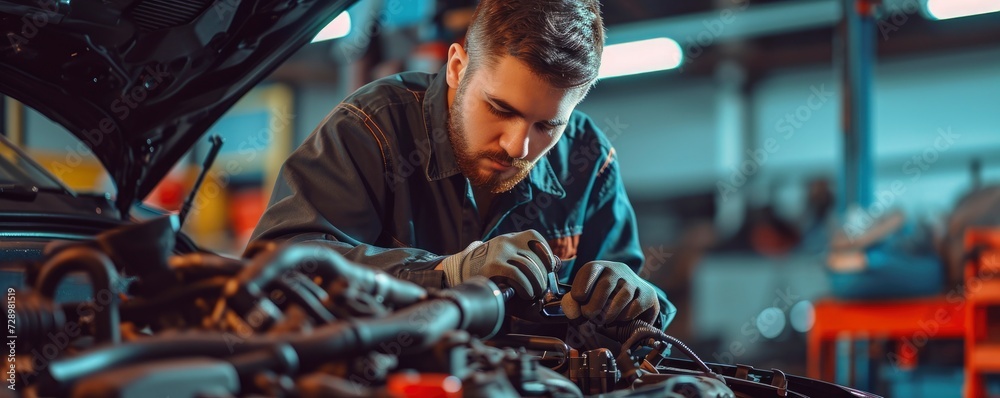 Car mechanic working in auto repair service. Professional mechanic working on the broken engine