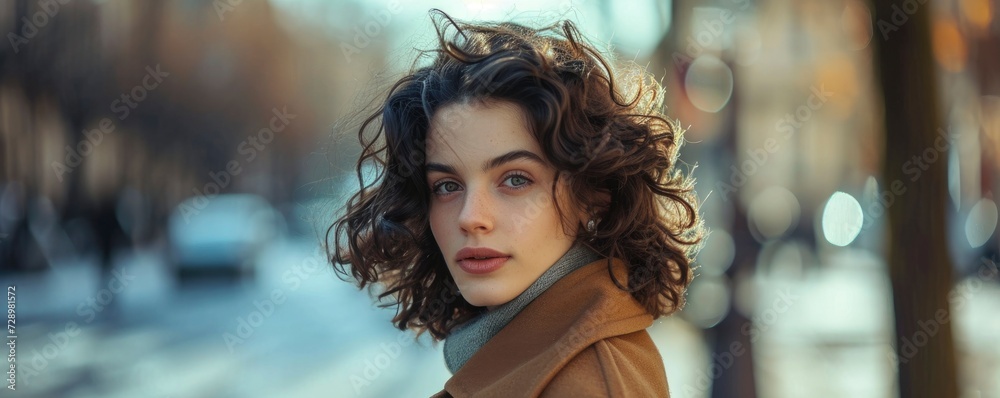 Fototapeta premium Portrait of a Beautiful Woman against blur City Background. Glamour girl fashion photo. copy space for text