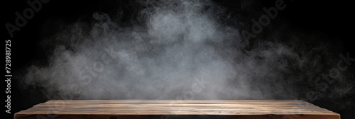 empty wooden table with smoke on the dark background. Perfect for adding eerie atmosphere to Halloween, horror, or mysterythemed projects.