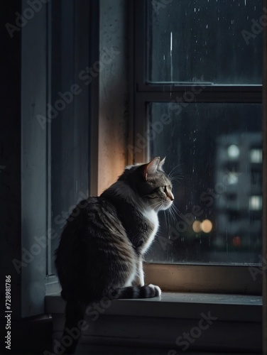 cat by the window at night